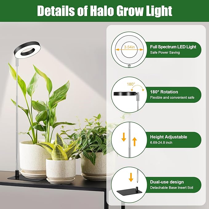 Small Halo Grow Light with Base, 48 LED Full Spectrum Indoor Plant Grow Light, Height Adjustable, 3 Spectral Modes, 10 Brightness Levels, Automatic Timer 3/9/12 Hours, Black