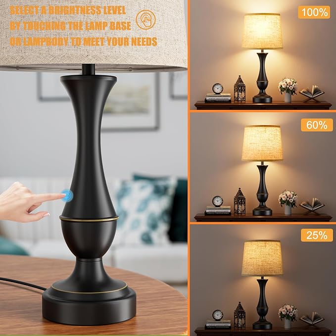 Touch Lamps for Nightstand, 3 Way Dimmable Lamps for Bedroom with USB C+A | Touch Control, USB C+A Charging Ports, Table Lamps for Living Room, Night Stands, Bedside, Bedroom, Bulb Included, Black