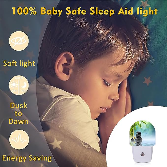 Zen Stone Bamboo Night Lights Plug into Wall for Girls Boys Room,Night Light LED Lamp Dusk to Dawn Sensor Round Lamp for Bedroom Bathroom Hallway Home Wall Decor