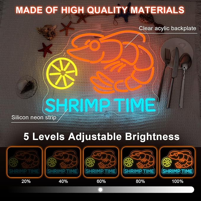 Shrimp Time Neon Sign LED Anime Light Up Bar Kitchen Shrimp Neon Signs for Wall Decor Seafood LED Sign Lobster Orange Light Up Bar Decor Restaurant Game Room Art Wall Restaurant Gifts for Beer Lover