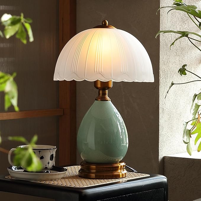 Glivpny Vintage Lamp for Living Room,16" Modern Ceramic Table Lamps for Bedroom,Retro Bedside Nightstand Traditional Lamps, Classic Chinoiserie Green Lamp for Home Decor (LD001) | Mid Century Modern Ceramic Lamps for Living Room,Retro Bedside Glass Lam...