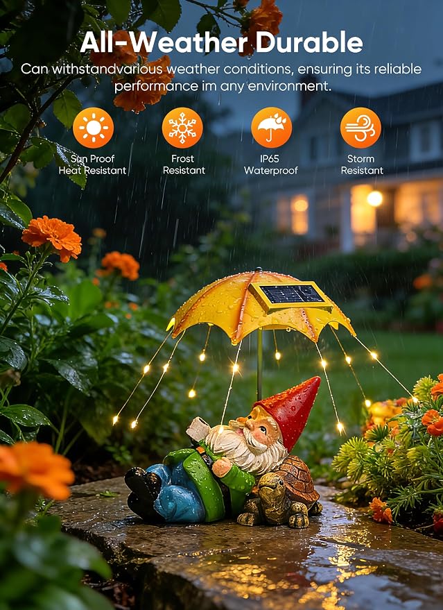 Brightown Solar Garden Decor Gnome Statue Light with 32 LED Lights, Gnome with Umbrella, Hand-Painted Resin, IP65 Waterproof Outdoor Decor for Patio, Balcony & Yard Decorations, Unique for Mom