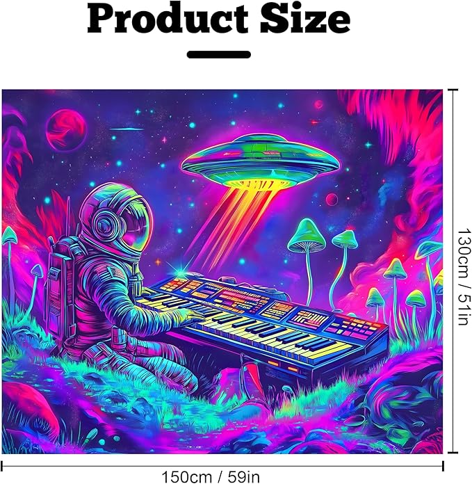 BVBOX Blacklight Space Astronaut Tapestry UV Reactive Galaxy Planet Glow in Dark Tapestries Black Light Poster Neon Wall Hanging Art for bedroom Living Room (Astronaut Play the Keyboard-1M)
