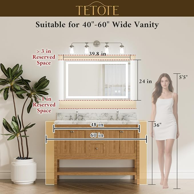 LED Bathroom Mirror with Lights 40 x 24 Brighter Light up Mirror for Bathroom Vanity, Front and Backlit 3-Color Dimmable Illuminated Antifog Mirror Wall Mounted, Waterproof, Tempered Glass