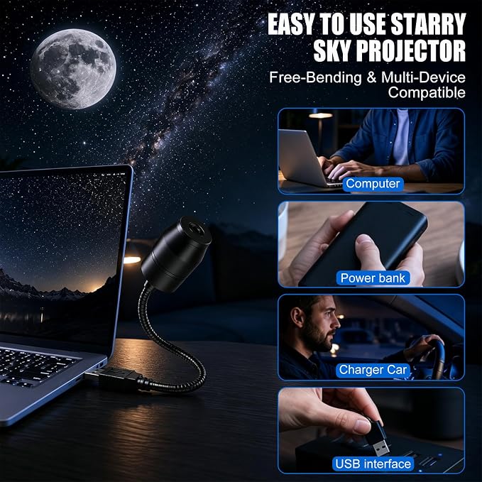 USB Galaxy Projector Night Light, Galaxy Starry Sky Night Light Projector,360°Rotation Night Light Star Projector with Romantic Atmosphere, Portable Mini Star Roof Lights for Car Bedroom Decor (1PCS)