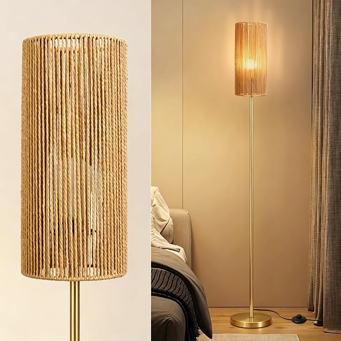 Ruiever Floor Lamp for Living Room,Farmhouse Floor lamp,Modern Standing lamp with Hand-Worked Rattan Shade (Straight Line Rattan Shade Gold Lamp- 3 Color Bulb)