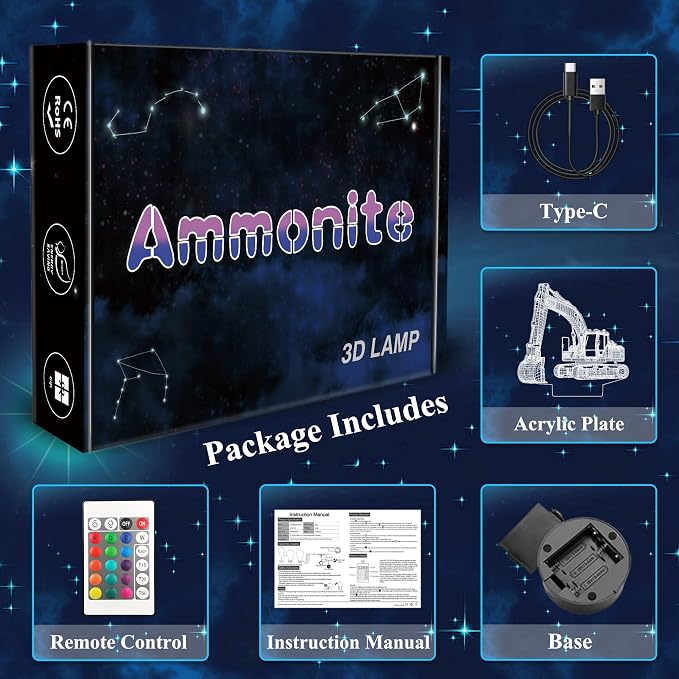 Ammonite Excavator 3D Lamp for Kids, LED Optical Illusion Night Light with Remote Control and Timing Function as Christmas Birthday Gifts Ideas for Boys Kids Teen