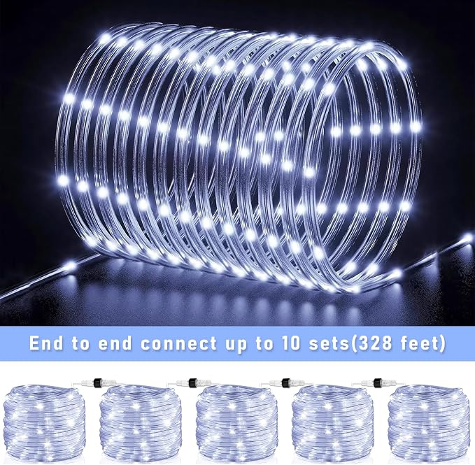 Rope Lights for Outside, 33FT 100 LED Christmas Lights Outdoor, Cool White | Waterproof 8 Modes Plug in Connectable Tube Lights Indoor for Garden Patio Pool Classroom Landscape Party Decorations