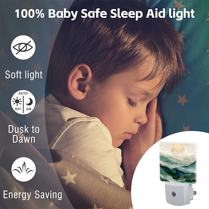 Golden Mountains with Sun Night Light for Kids,Watercolor Sunrise Mountain Night Light Plug in with Dusk to Dawn Sensor,0.5w Energy Saving Nightlight for Hallway Stairway Kitchen Bedroom