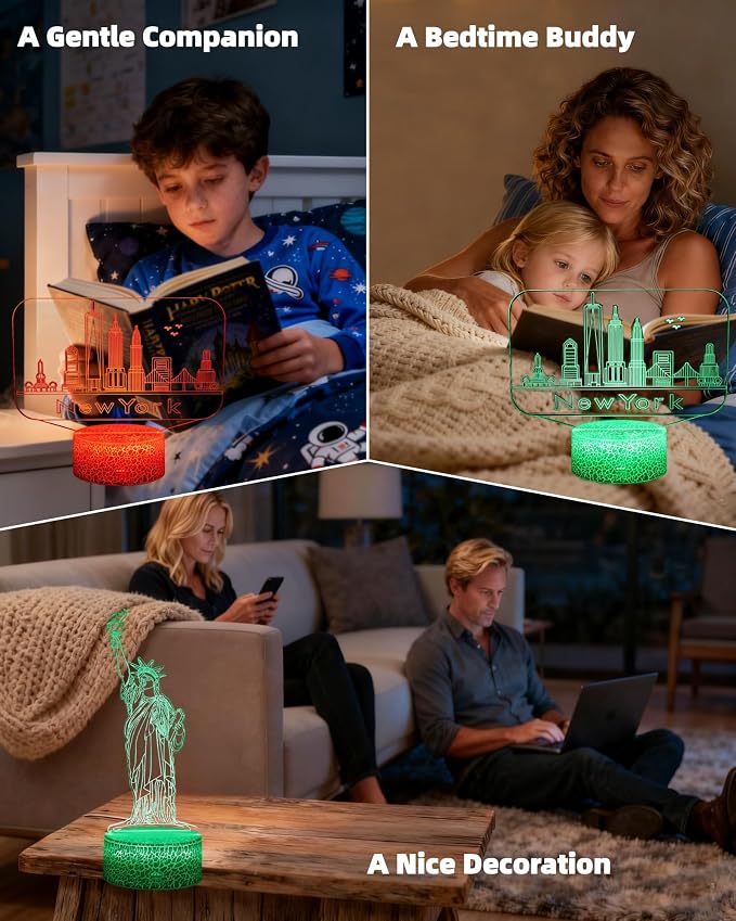 Statue of Liberty, New York Skyline 3D Illusion Night Light, 2 Patterns | 16 Colors Changing, Dimmable, Touch & Remote Control, Bedroom Room Décor Lamp, Christmas Birthday Dad Mom Kid Boy Girl Gift