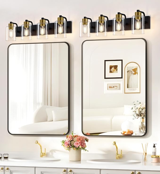 Dpyrrhic Bathroom Light Fixtures,Matte Black and Gold 4-Light Bathroom Lights with Clear Glass Shade,Modern Wall Sconces Over Mirror for Bathroom