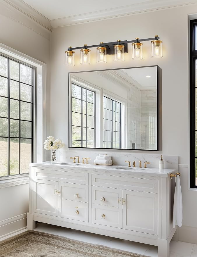 Bathroom Light Fixture, Bathroom Vanity Light Over Mirror, 6-Lights | Vanity Lights for Bathroom, Modern Lighting Fixtures with Clear Glass Shade, Black and Gold Vanity Lights, ETL Listed