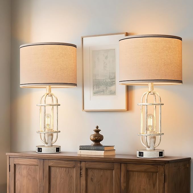 Reaketon 22.3" Farmhouse Table Lamps Set of 2, Vintage Lamps for Living Room End Tables, Bedroom Lamp for NightStand with USB C+A Ports, Antique White