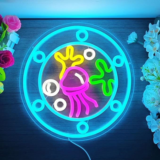 Ocean World Porthole Neon Sign Dimmable Led Under Sea Porthole Neon Light Sign Jellyfish Neon Room Sign Light Up Signs for Wall Decor Game Room Party Bedroom Decor Birthday Gift