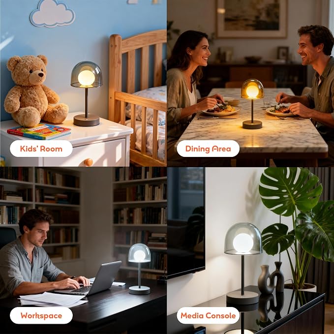 LED Modern Lamp, Small Mushroom Lamp Cordless, Unique Decor Light | Rechargeable Mushroom Desk Lamp Dimmable, IP44 Bathroom Lamp Countertop, Mini Bedside Wireless Lamp for Living Room (Grey)