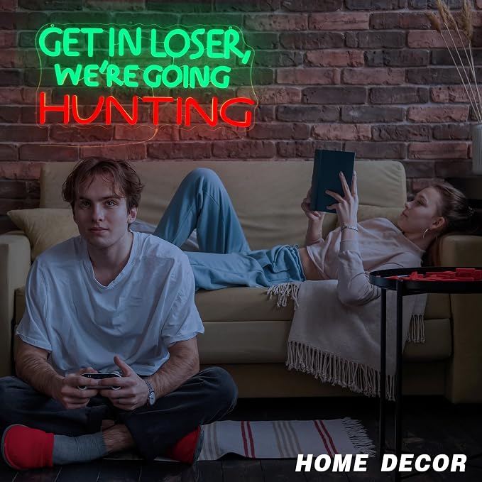 Funny Hunting Neon Sign - LED Light for Man Cave Garage, Country Outdoor Decor, Deer Hunter Wall Art Gift for Guys, Dimmable USB Powered(16.9 * 7.5inch)