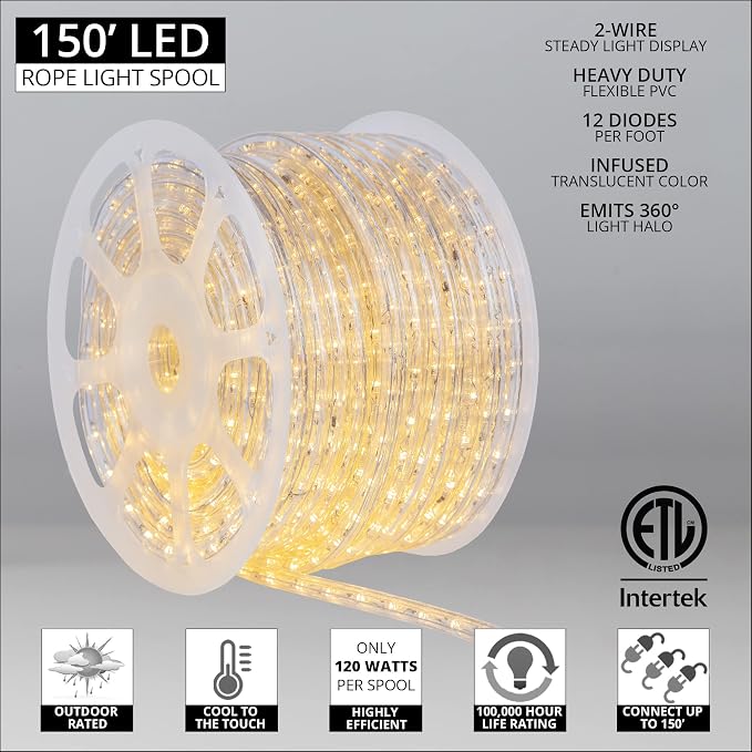 Wintergreen Lighting 150ft 1800 LED Heavy Duty Rope Light Spool, 120V ETL Indoor Rope Lights Plugin Outdoor Tube Lights ½ Inch, Accessories and Mounting Clips Included, Warm White