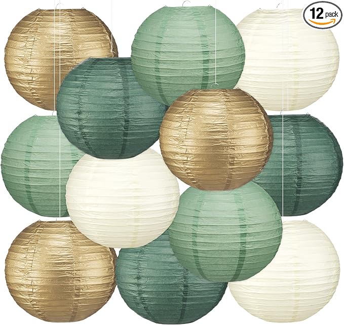 12 Pcs 10" Golg Greem Boho Paper Lanterns Party Classroom Decor
