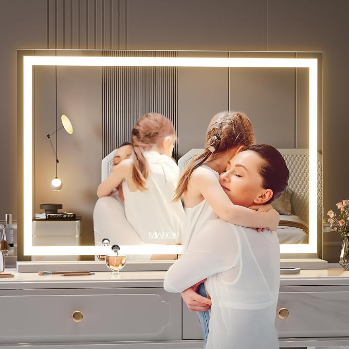 Hasipu Vanity Mirror with Lights and Bluetooth Speaker, 37" x 25.6" LED Makeup Mirror, Lighted Makeup Mirror with Dimmable 3 Modes, Touch Screen Control Vanity Mirror Square White