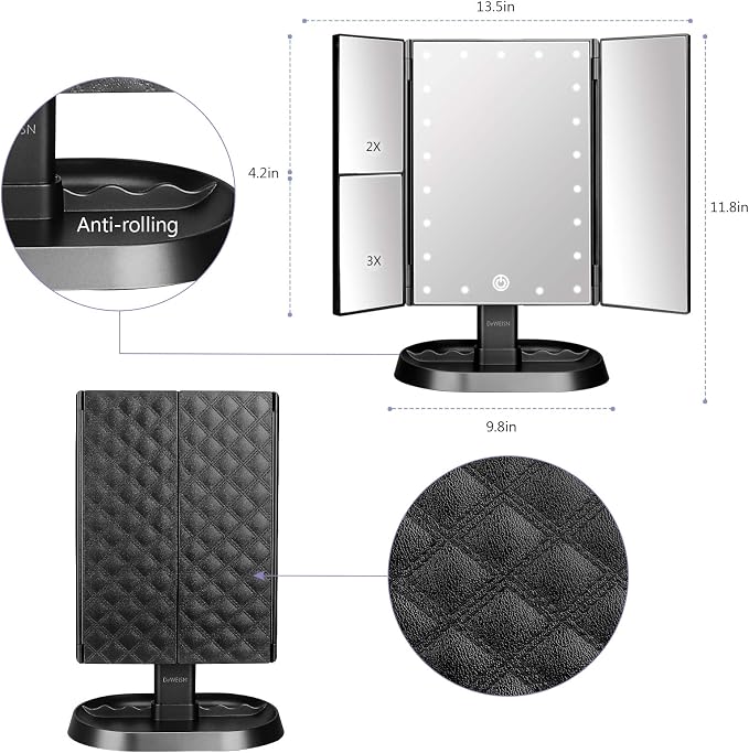 Trifold Lighted Vanity Makeup Mirror with 21 LEDs Lights,1x/2x/3x Magnification and Touch Screen Dimming,Two Power Supplies Makeup Mirror, Gift for Women