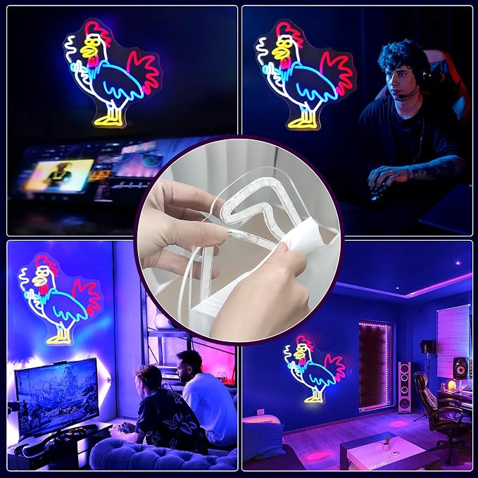 JEDAEMEN Rooster Neon Signs for Wall Decor LED Sign Neon Lights Room Decor | Rooster Led Light Sign Preppy Game Room Decor Light Up Sign for Birthday Party Decoration USB Powered
