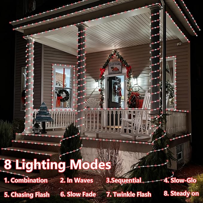 YEGUO Solar Rope Light Outdoor Waterproof, 66ft 200 LED Red and White String Lights, 8 Modes Tube Christmas Lights in Clear Thin Tube