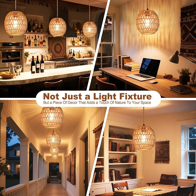 Maliralt Hanging Lamps Rattan Pendant Light Hanging Lights 16.4ft Plug in Cord Pendant Light Fixture Plug Into Wall Outlet Pendant Lighting with On Off Switch for Bedroom Living (Egg Shade)
