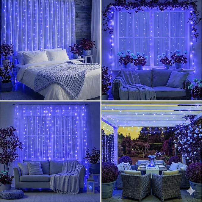 Curtain String Light, 200LED 6.6x6.6ft, Remote & 8 Modes, USB | Window Wall Hanging String Lights, For Bedroom, Wedding, Party, Home, Garden and Indoor Decorations, Blue