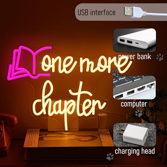 One More Chapter Neon Sign LED Neon Light Book USB Powered Reading Books Light Sign for Wall Decor Library School Classroom Office Coffee Business Bedroom(11.42 * 16.54In)