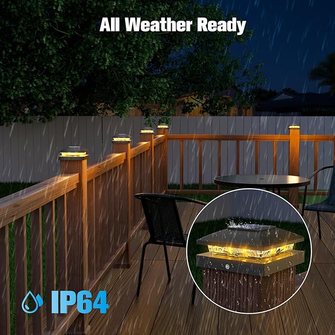 VOLISUN 4x4 Solar Post Cap Light 6pack,Solar Fence - Post Lights Outdoor Waterproof for Wooden/Vinyl Post,Black Deck Post Cap Light Solar Powered with Warm White for Garden/Patio/Porch