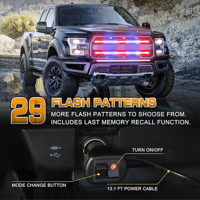 XRIDONSEN 2PCS 30 inch Truck Grill Police Lights Strip 360 LED Red Blue Lights Flashing Warning Hazard Caution Safety Grille Emergency Strobe Light for Law Enforcement Vehicles Trucks Pickup Car