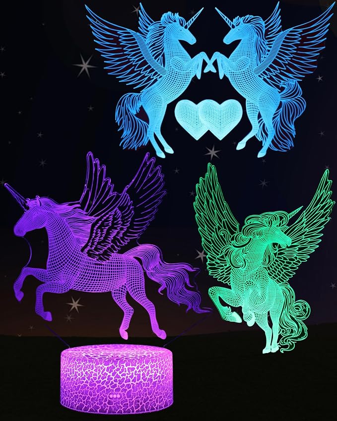Unicorn Night Light Kid, 3D Illusion LED Lamp, 3 Patterns, Legend | 16 Colors Changing, Dimmable, Touch & Remote Control, Girls Bedroom Room Décor , Christmas Birthday Gift Toy Toddler Teenage