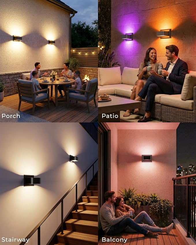 Outdoor Wall Lights, Smart RGB Color Changing Porch Lights with App Control, Hardwired Exterior Wall Sconces, Dimmable, Timer & Schedule, IP65 Waterproof for Front Door Garage Patio, 2 Pack