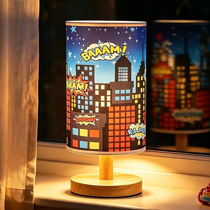 City Table Lamp for Kids Bedroom, 3-Way Dimmable Bedside Lamp with Wooden Base and Fabric Shade, Comic Book Night Light for Boys Room Decor, Cartoon Skyline Lamp for Nursery Playroom