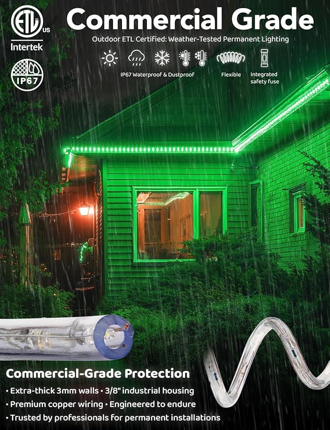 WYZworks 108LEDs, 10ft LED Outside Rope Lights, Waterproof Permanent Outdoor ETL Certified Connectable Clear Tube, Christmas Palm Tree Holiday Decorative Landscape Patio Accent Lighting - Green