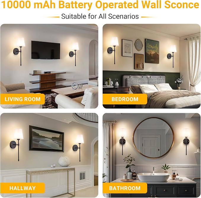 Vimhou Peel and Stick Wall Sconces, Stick On Wall Sconce Set of 2, Battery Operated Wireless Wall Light, No Drill Adhesive Wall Lamp, Corn Bulb with 10000mAh Rechargeable Battery, Bedroom Wall Decor