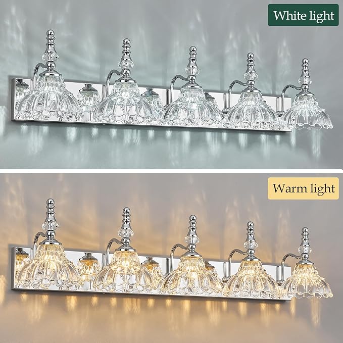 Vintage Bathroom Vanity Light, 5-Light Chrome Vanity Lighting Fixture with Flower Glass Shade, Bathroom Lighting Fixtures Over Mirror