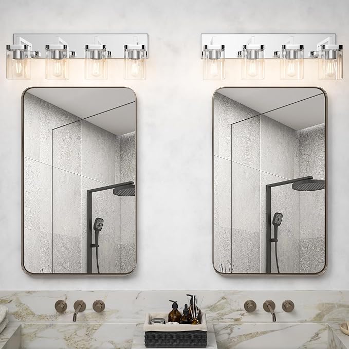 Chrome Bathroom Vanity Light, Square Design 4 Lights Morden Vanity Lighting Fixtures Over Mirror, Bathroom Vanity Light Fixtures for Living Room/Bedroom