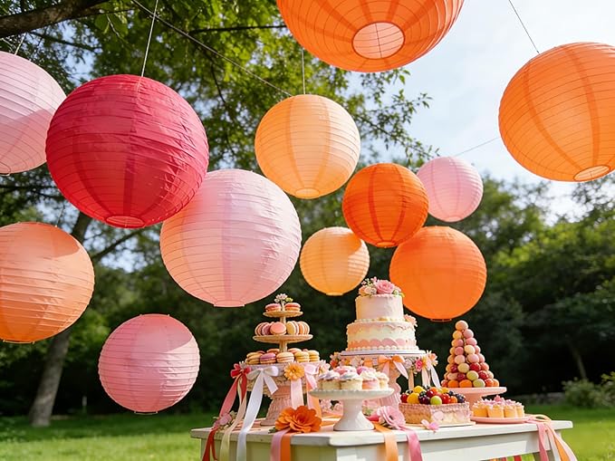 Vivid Color Paper Lanterns Set (12 Pcs) - 6/8/10 Inch Pink Orange Gradient Hanging Lanterns for Handmade, Party, Birthday,Bridal & Weeding,Baby Shower,Home Decor