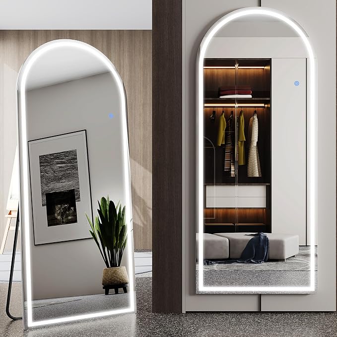 Antok LED Full Length Mirror with Light, 71"x28" Lighted Full Body Mirror with Stand, Dimmable & 3 Color Lighting Standing/Leaning/Wall Mounted Vanity Mirror for Bedroom Cloakroom Livingroom(Arched)