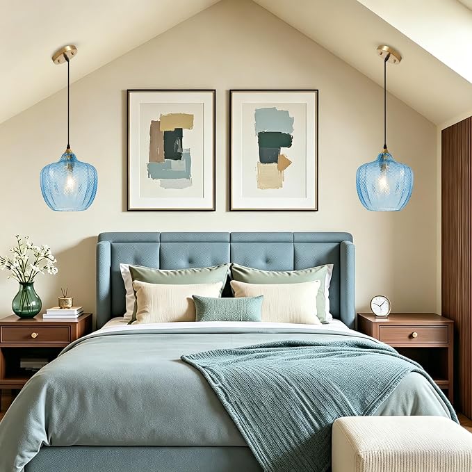 Blue Glass Pendant Lights Kitchen Island Gold Hanging Ceiling Light 9.45" | 1 Pack, Adjustable height, Dimmable, E26 bulbs, Rust-resistant Damp Rated For Bathrooms, 5-Year Warranty, UL Certification