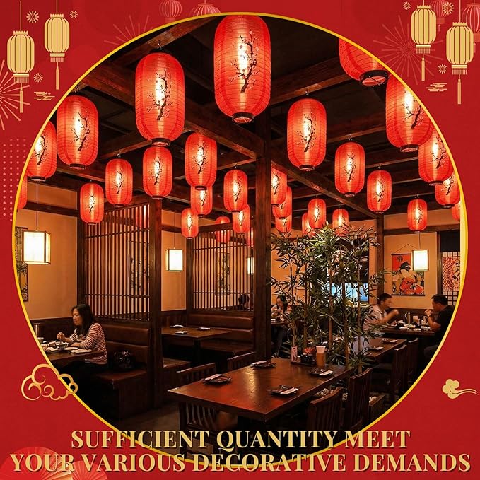 Baquler 24 Pcs Japanese Cherry Blossom Silk Lanterns 8 x 14 Inch Hanging Sakura Lantern Decorations for Wedding Party Restaurant Festival Decor Including 12 Lanterns and 12 Lights(Plum Bossom)