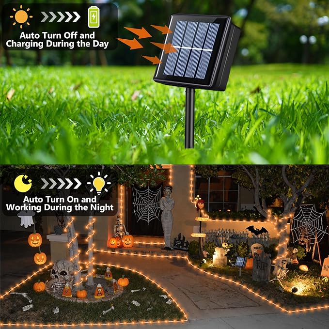 YEGUO Solar Halloween Lights, 2 Packs Each 33ft 100 LED String Lights Outdoor Waterproof, 8 Modes Fairy Lights in Clear Thin Tube for Camping Fence Patio Garden Trampoline Deck(Orange)