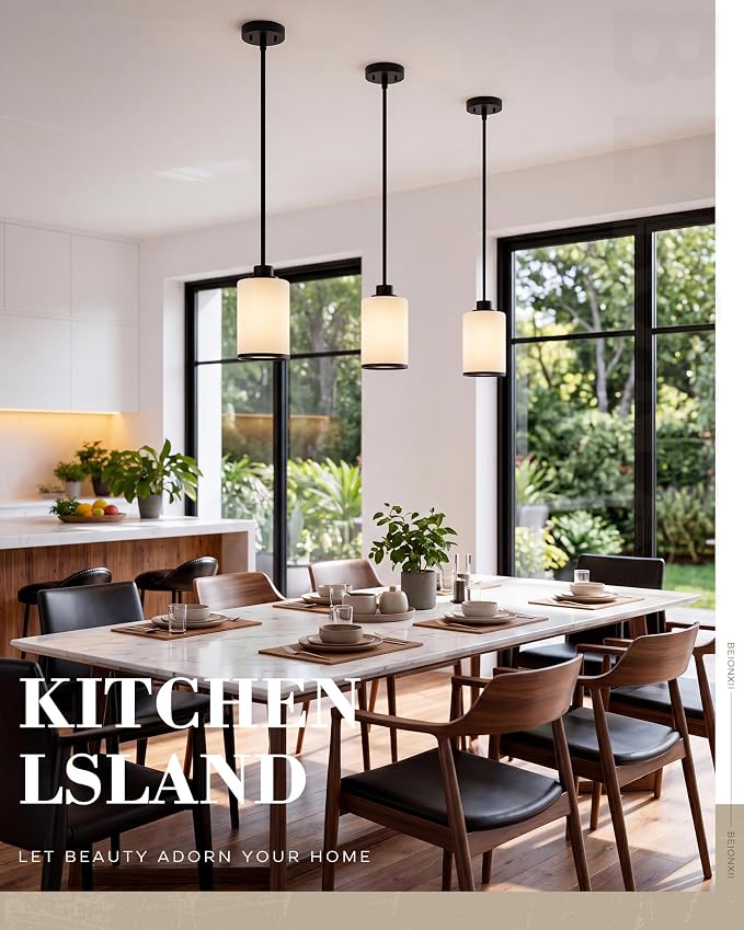 Beionxii Black Pendant Lights Kitchen Island,Mini Hanging Light Fixture | 4.72“ Milk Glass Pendant Lights Kitchen Island 2 Pack, Adjustable Metal Rods for Dining Room Bedroom Sink, BX-PL02MB-2+R