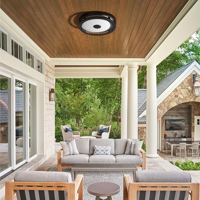 Outdoor Motion Sensor Flush Mount Ceiling Light, 12" Dusk to Dawn Porch Modern Black Exterior Light, Ceiling Light Fixture 1 Pack for Patio, Garage, Entry