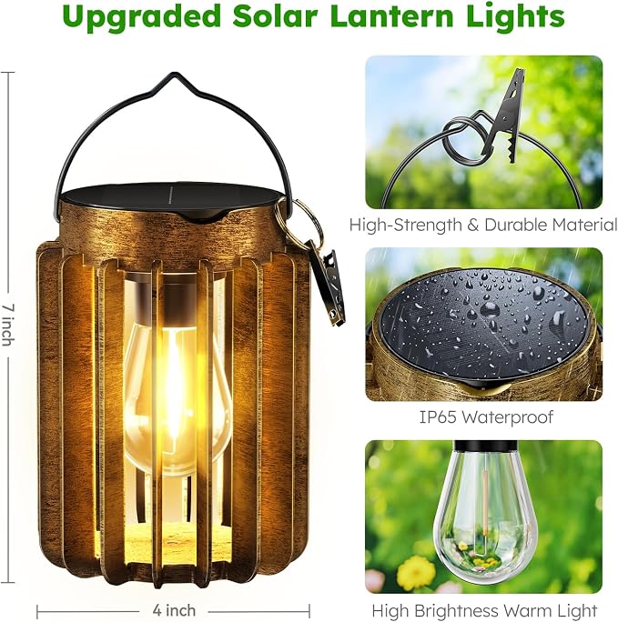 2 Pack Solar Lanterns Outdoor Waterproof, Retro Metal Hanging Lantern | 12-Hr Runtime Outdoor Solar Lantern, Auto On At Dusk, High Bright Hanging Solar Lights for Garden Porch Patio Yard Decor