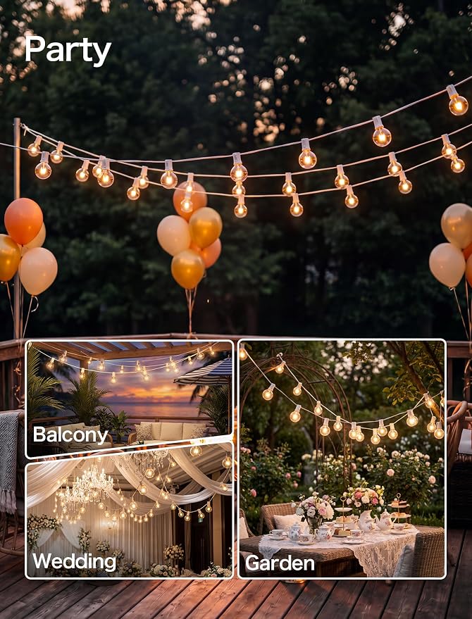 25FT Outdoor White String Lights with 27 G40 Clear Bulbs | Globe Patio String Lights for Indoor/Outdoor, Connectable Hanging Lights for Backyard Porch Balcony Party Decor - White Wire
