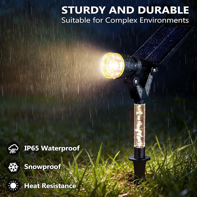 DenicMic Solar Spot Lights Outdoor Waterproof 3000K Lens LED Spotlights | Adjustable Angel Long Range Solar Lights Outdoor for Yard Garden Patio Wall Tree Landscape, Acrylic Lighted Pole, 4 Pack