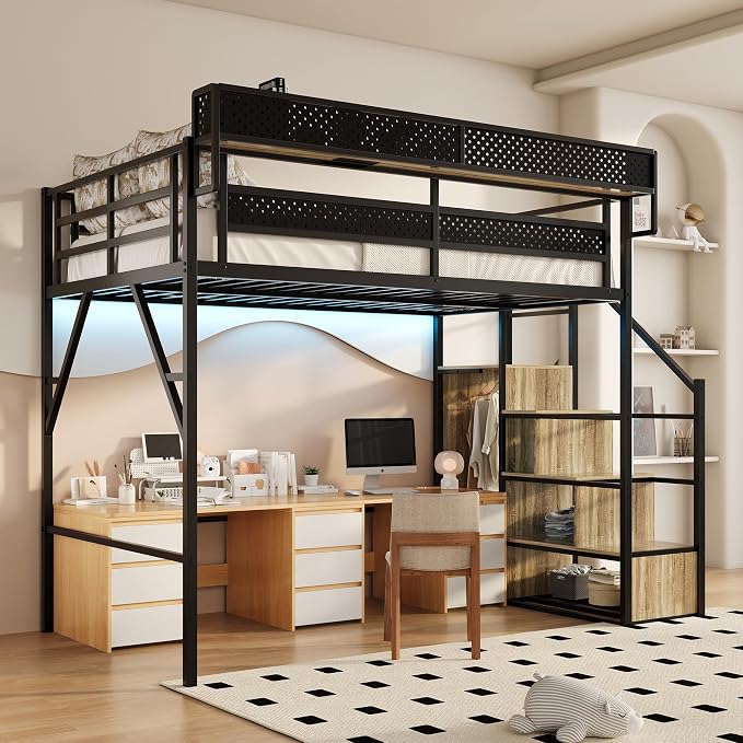 Full Size Metal Loft Bed with Storage Stairs, Wardrobe & Charging Station | Storage Shelve,Convertible Staircase,LED Lights, Solid Wood Stairs, Safety Guardrail, Noise-Free, No Box Spring Needed