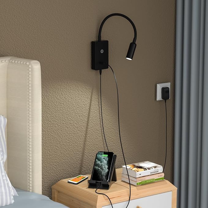 LED Wall Mounted Bedside Lamp with Flexible Gooseneck, Remote Control Black Wall Mount LED Reading Spot Light for Bedroom, Timer Auto Off, Stepless and Step Dimmable, Neutral White Lighting